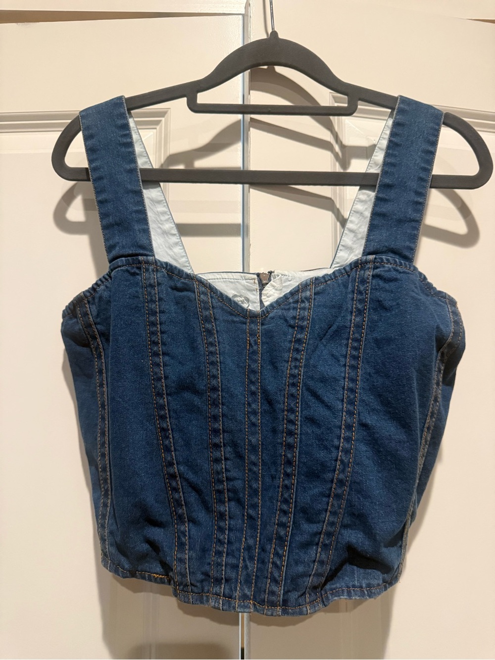 Boutique Denim Corset-Style Crop Top with Zipper Badk - Blue - Size Medium